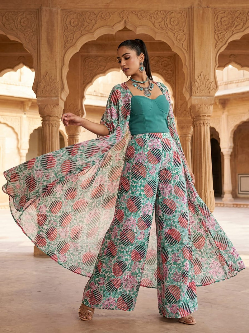 Multicolor Geometric Striped Circles and Floral Pure Georgette Digital Printed Fabric