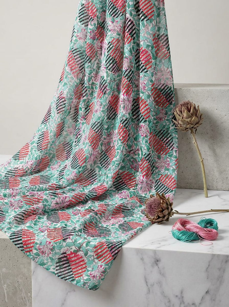 Multicolor Geometric Striped Circles and Floral Pure Georgette Digital Printed Fabric