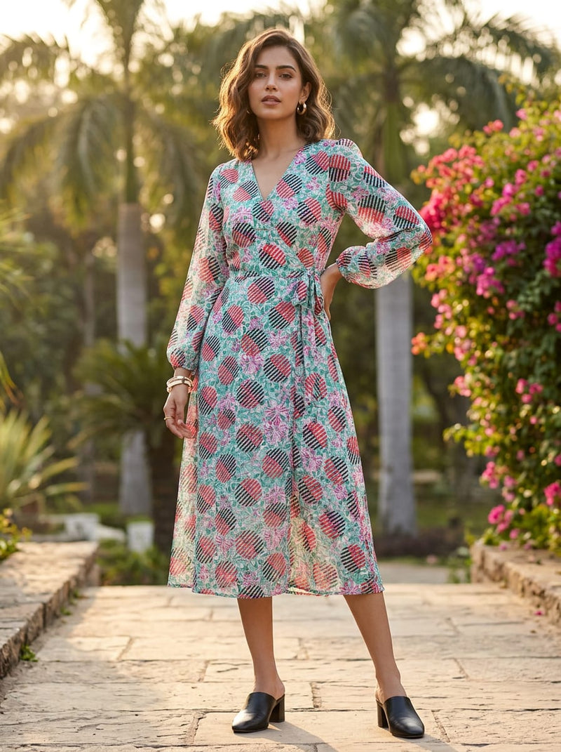 Multicolor Geometric Striped Circles and Floral Pure Georgette Digital Printed Fabric
