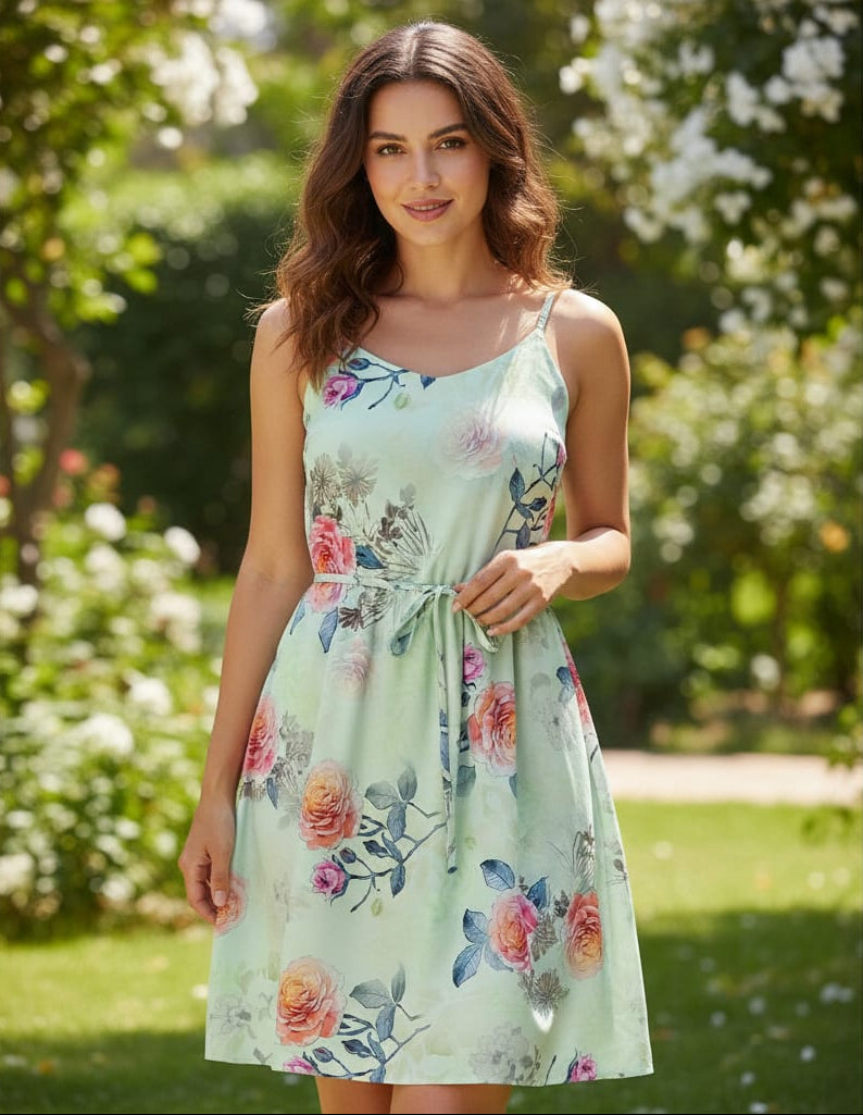 Roses Floating on Pista Base Digital Printed Fabric