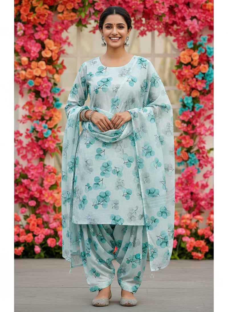 Teal Translucent Eucalyptus Leaf Pure Cotton Digital Printed Fabric