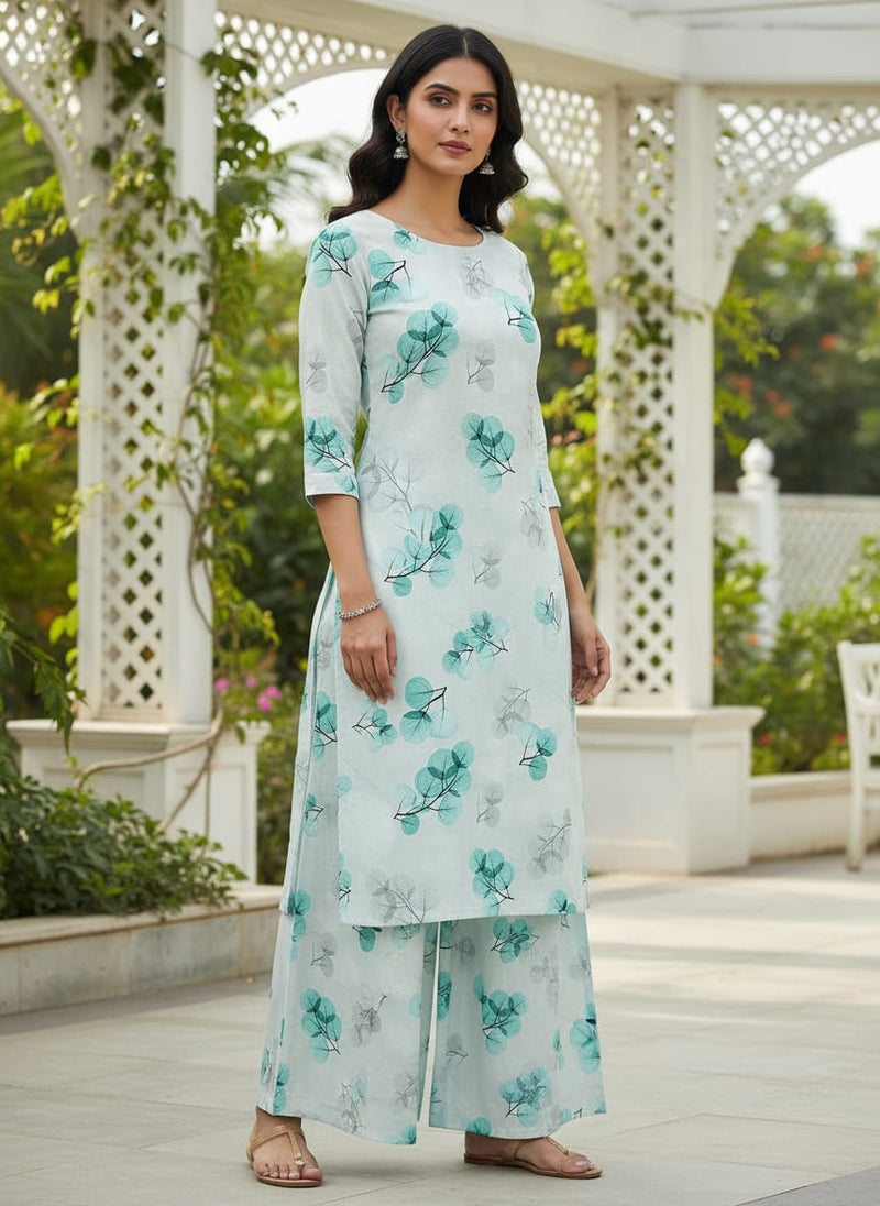 Teal Translucent Eucalyptus Leaf Pure Cotton Digital Printed Fabric
