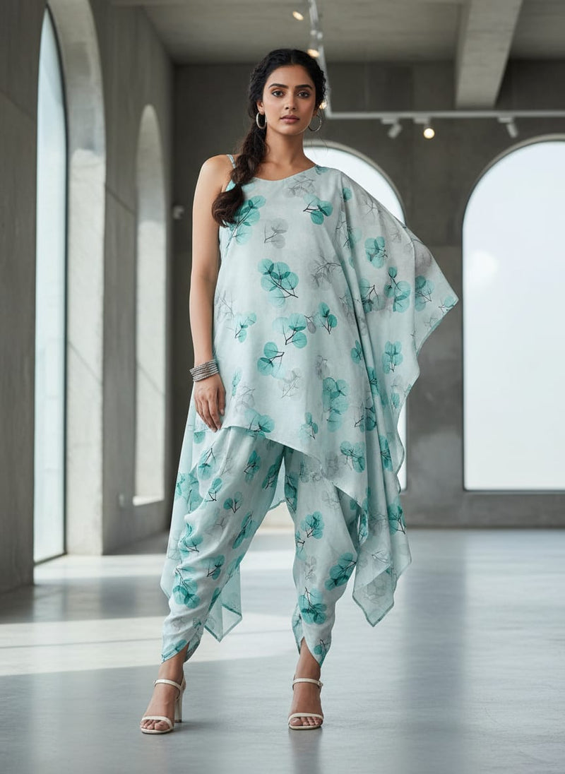 Teal Translucent Eucalyptus Leaf Pure Cotton Digital Printed Fabric