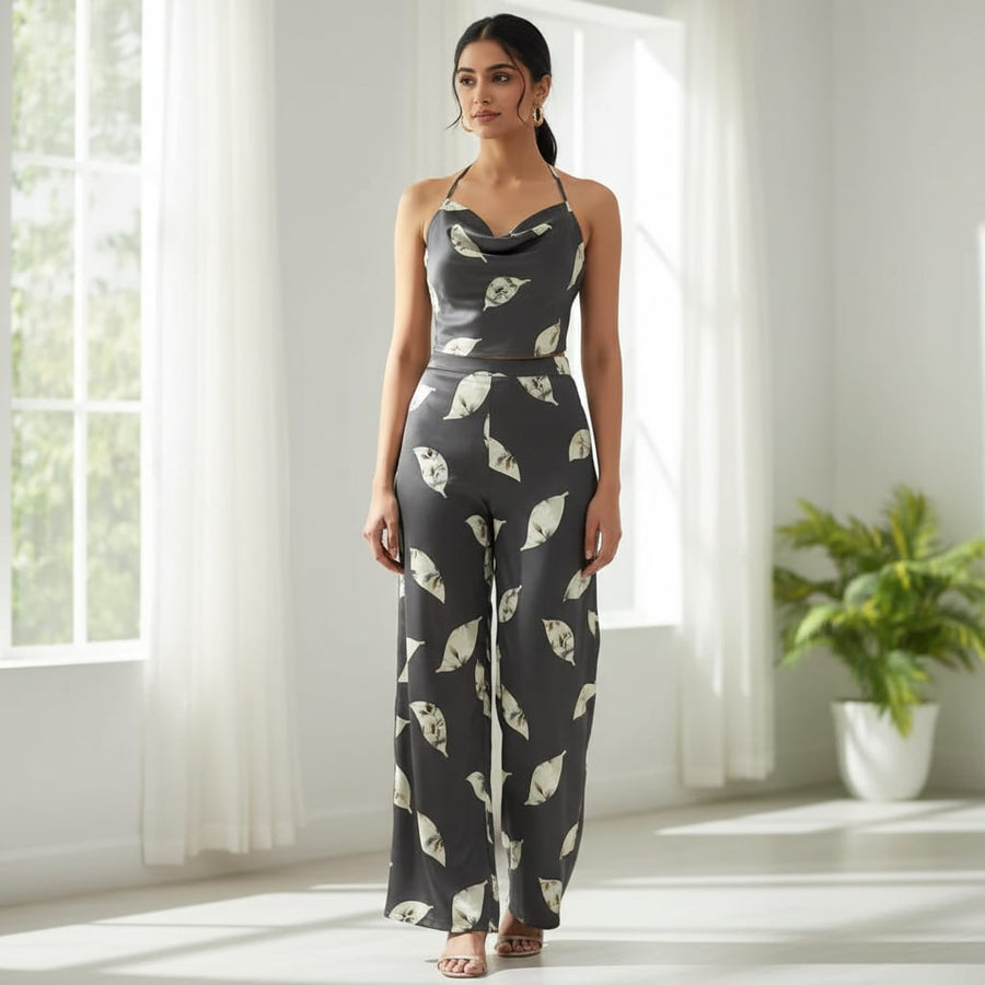 Leaves Print On Dark Grey Base Digital Printed Fabric