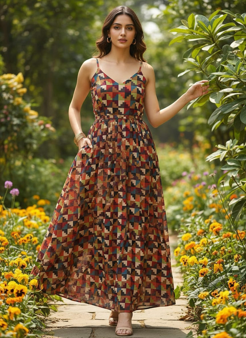 Multicolor Ethnic Geometric Block Print Pure Georgette Digital Printed Fabric