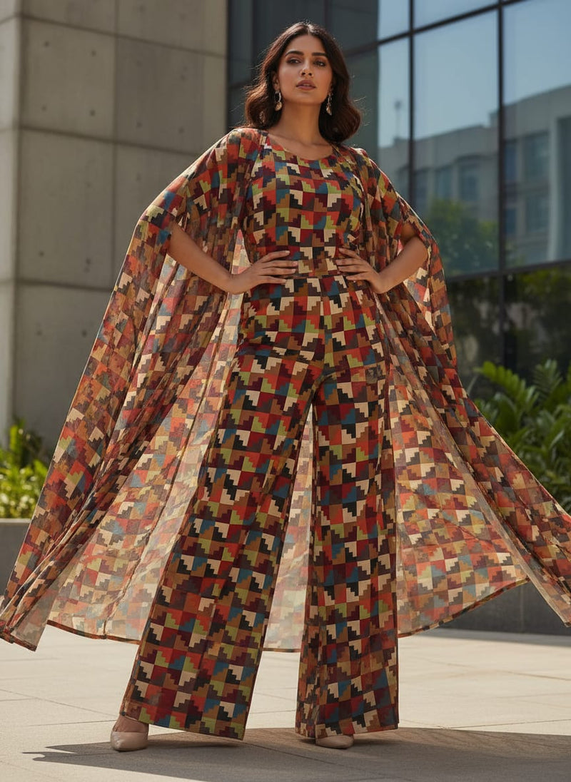 Multicolor Ethnic Geometric Block Print Pure Georgette Digital Printed Fabric
