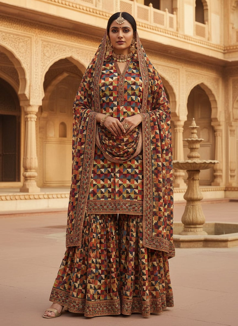 Multicolor Ethnic Geometric Block Print Pure Georgette Digital Printed Fabric