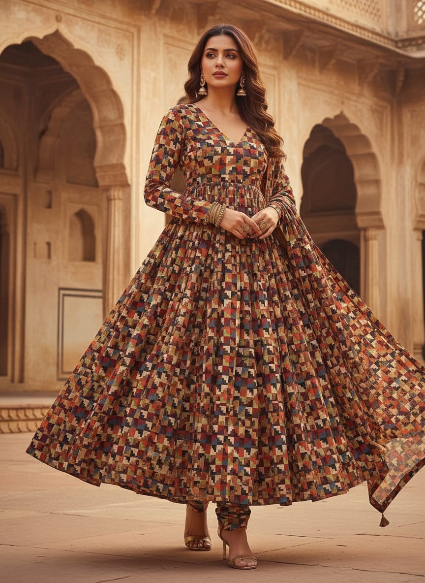 Multicolor Ethnic Geometric Block Print Pure Georgette Digital Printed Fabric