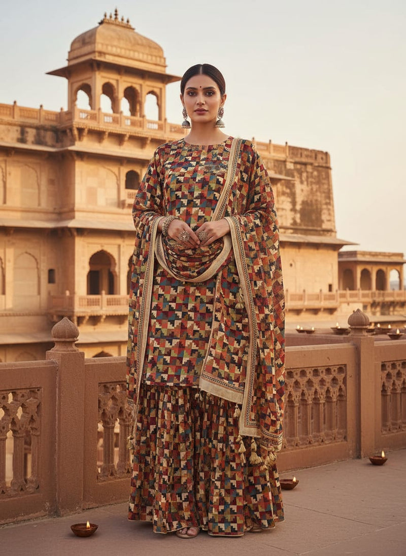 Multicolor Ethnic Geometric Block Print Pure Georgette Digital Printed Fabric