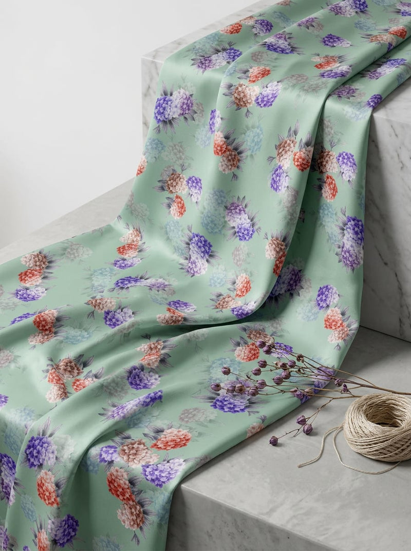 Green Hydrangea Floral Bunches Japan Satin Digital Printed Fabric