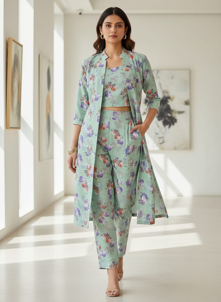 Beautiful Three Colour Geranium Flower Digital Printed Fabric - Kora Silk