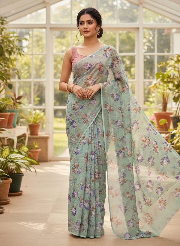 Green Watercolour Hydrangea Floral Kora Silk Digital Printed Fabric - Saree Lookbook - KS-0-TA08250P3-110 - alternate view
