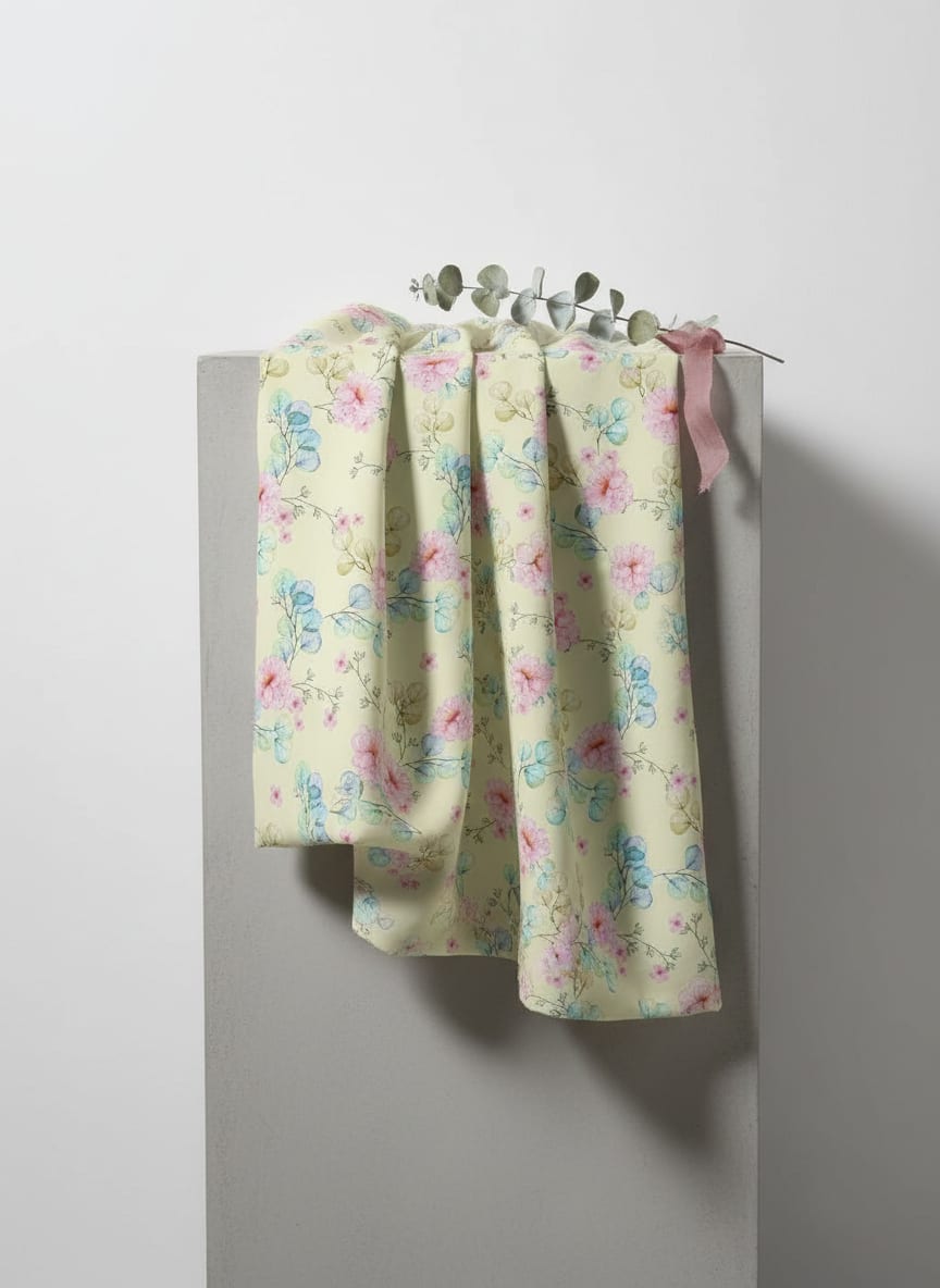 Cream Pastel Watercolor Floral Japan Satin Digital Printed Fabric