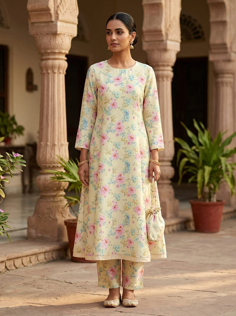 Multicolor Watercolor Floral and Botanical Print Kora Silk Digital Printed Fabric