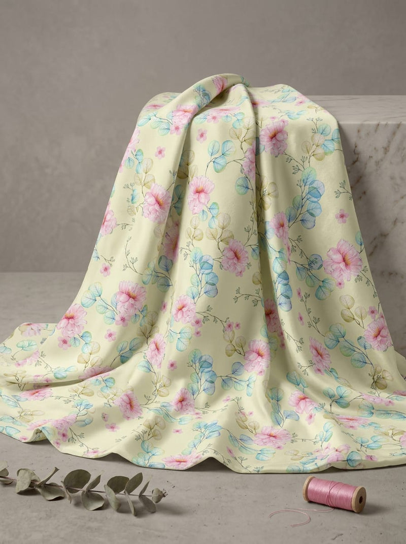 Multicolor Watercolor Floral and Botanical Print Kora Silk Digital Printed Fabric