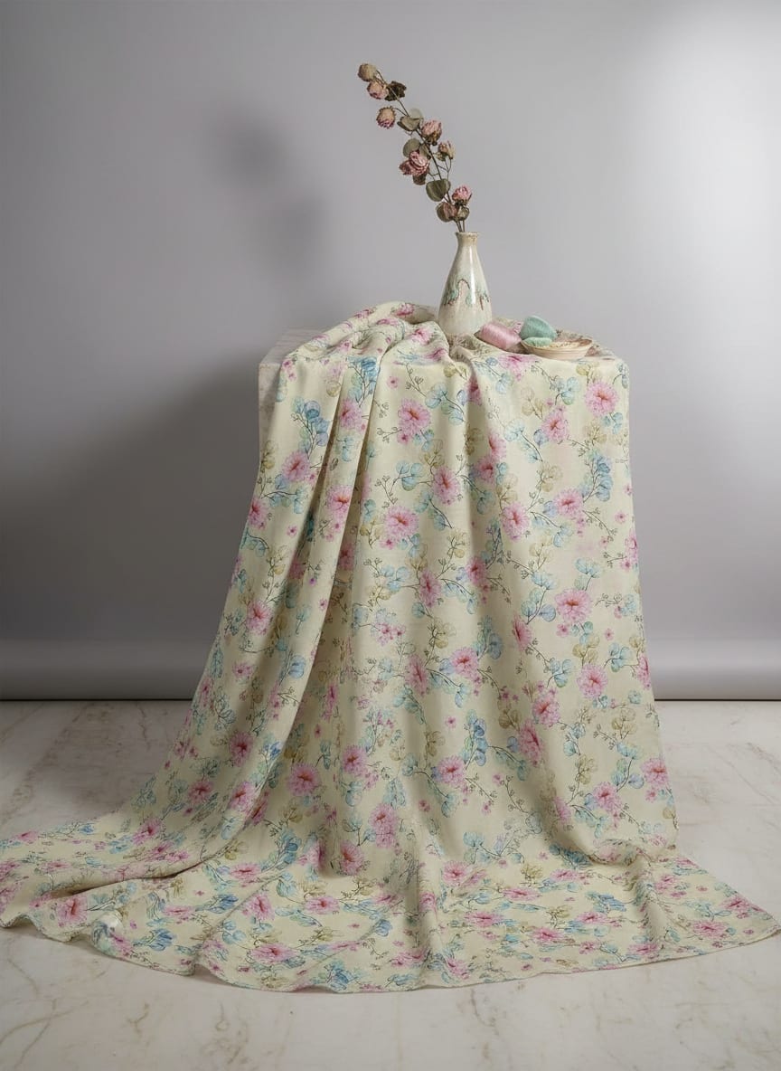 Cream Watercolor Floral Eucalyptus Pure Georgette Digital Printed Fabric