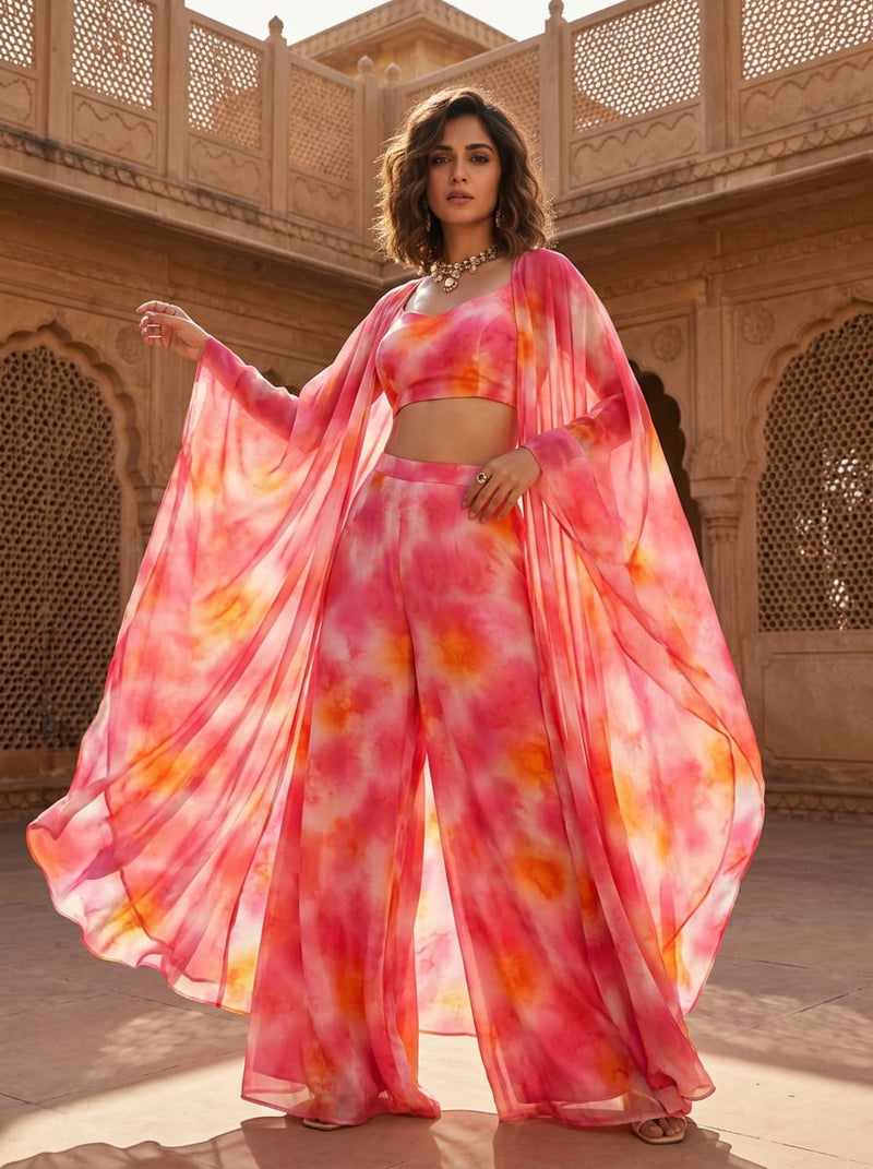Pink and Orange Abstract Tie-Dye Weightless Digital Printed Fabric