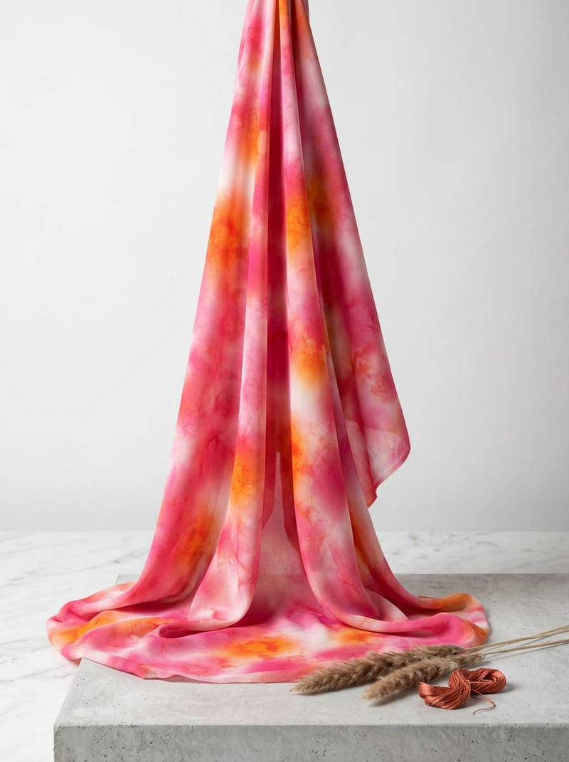 Pink and Orange Abstract Tie-Dye Weightless Digital Printed Fabric