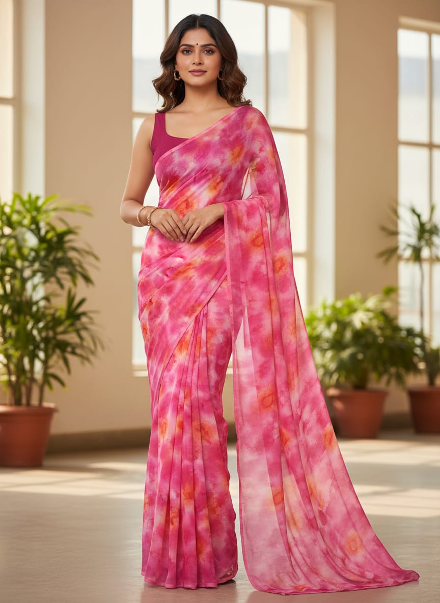Morden Spotted Pink & Orange Digital Printed Fabric - Pure Georgette