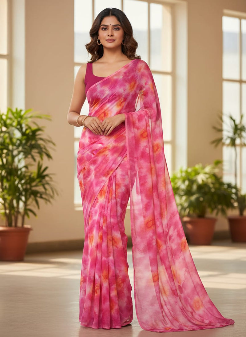 Morden Spotted Pink & Orange Digital Printed Fabric - Pure Georgette