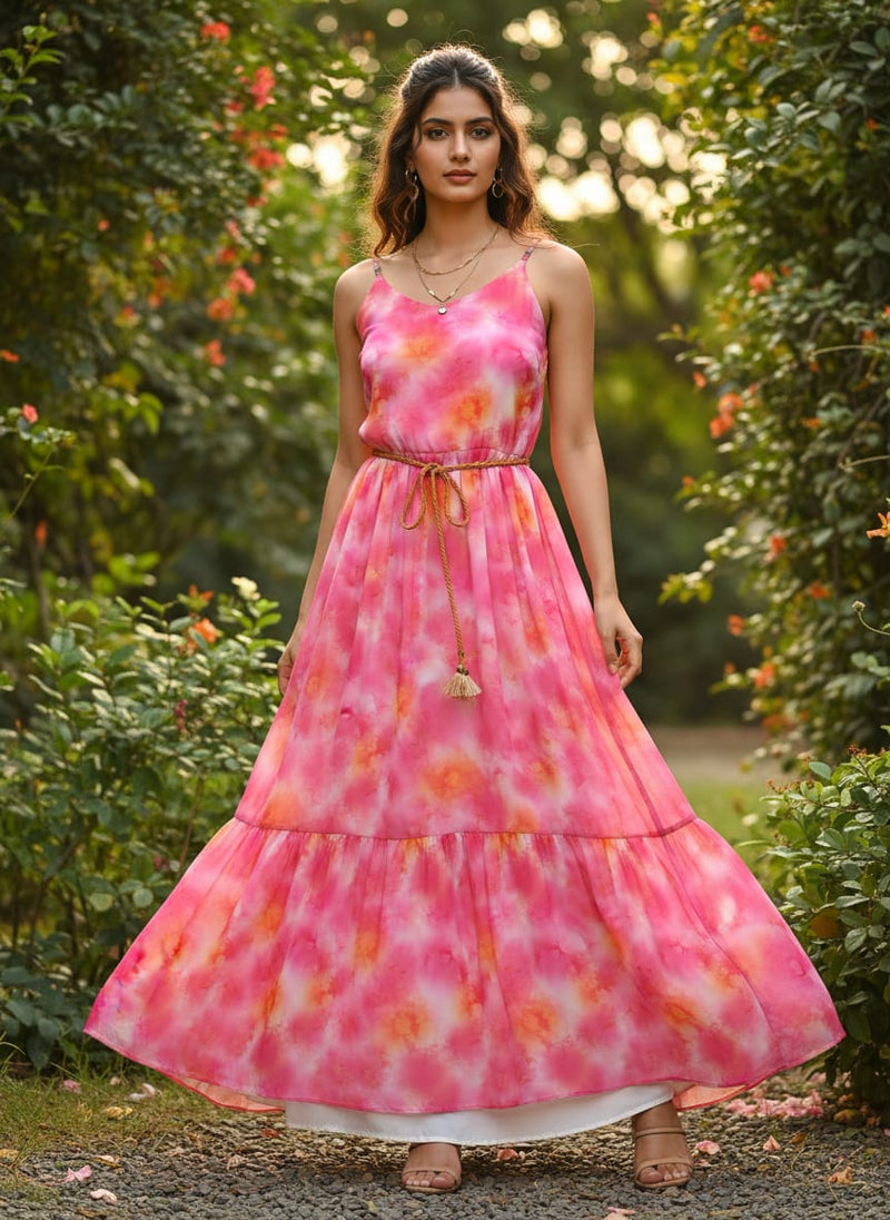 Morden Spotted Pink & Orange Digital Printed Fabric - Pure Georgette