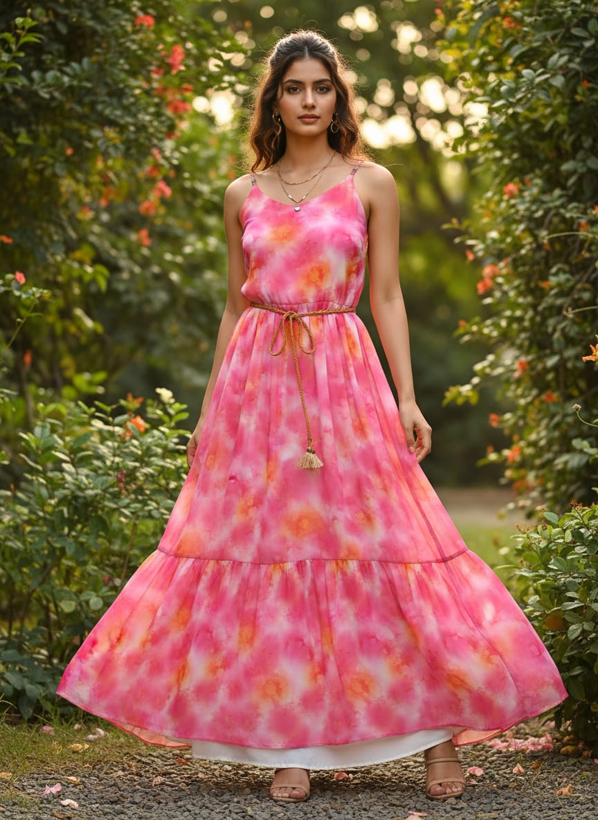 Morden Spotted Pink & Orange Digital Printed Fabric - Pure Georgette