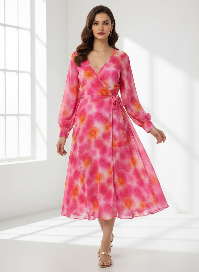 Morden Spotted Pink & Orange Digital Printed Fabric - Pure Georgette