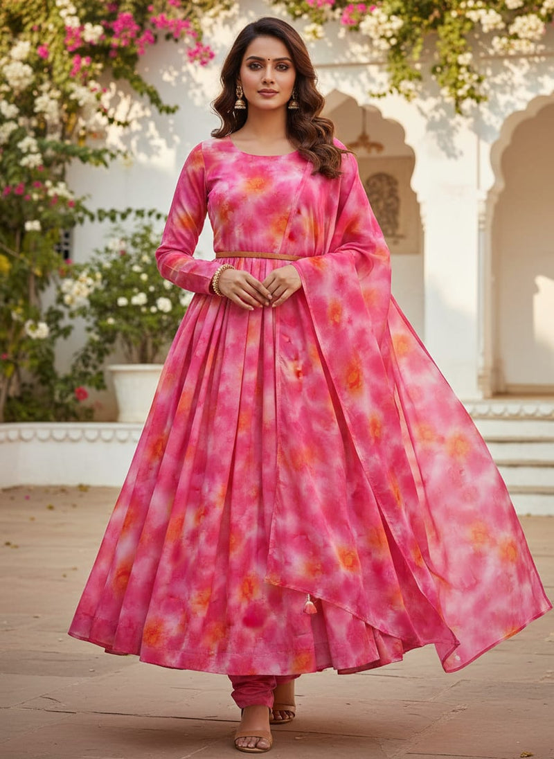 Morden Spotted Pink & Orange Digital Printed Fabric - Pure Georgette