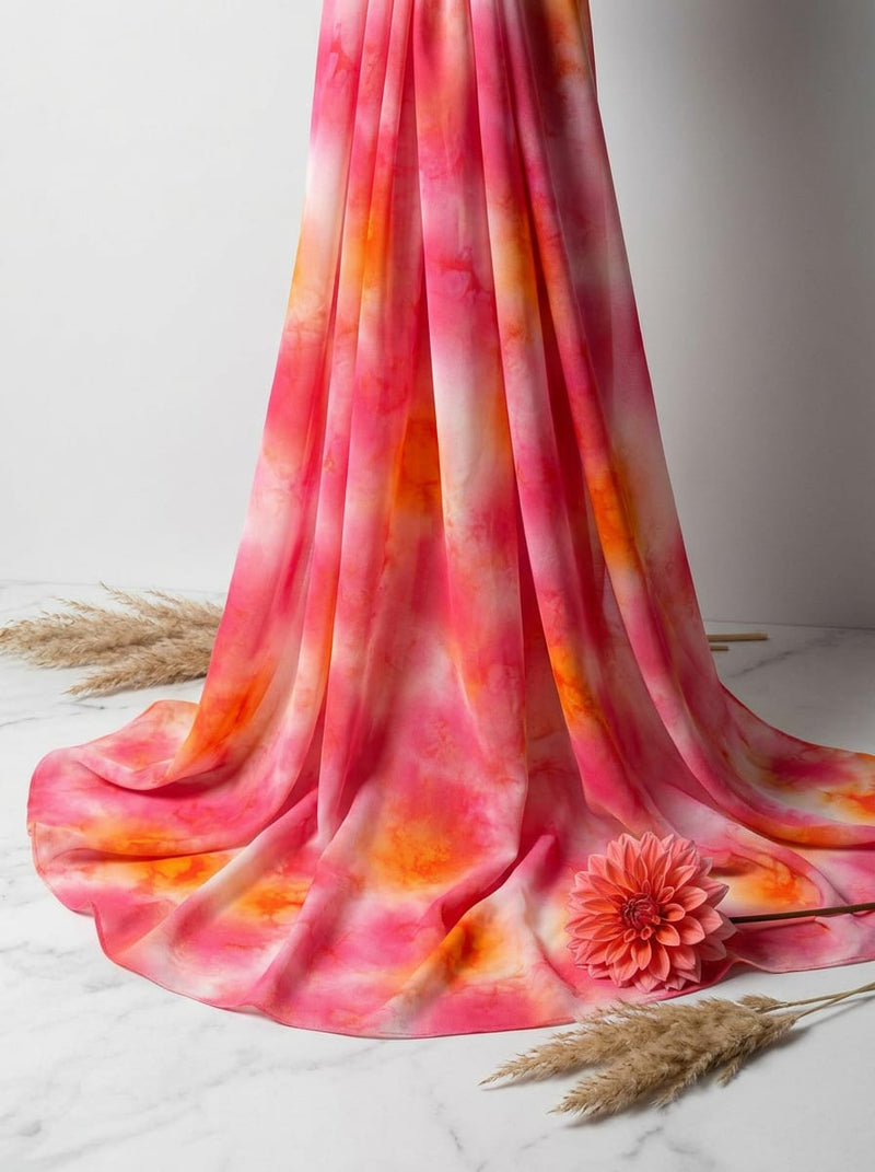 Pink Abstract Tie-Dye Splash Pure Georgette Digital Printed Fabric