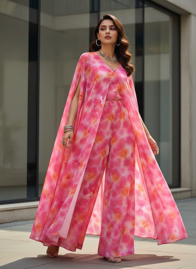Morden Spotted Pink & Orange Digital Printed Fabric - Pure Georgette