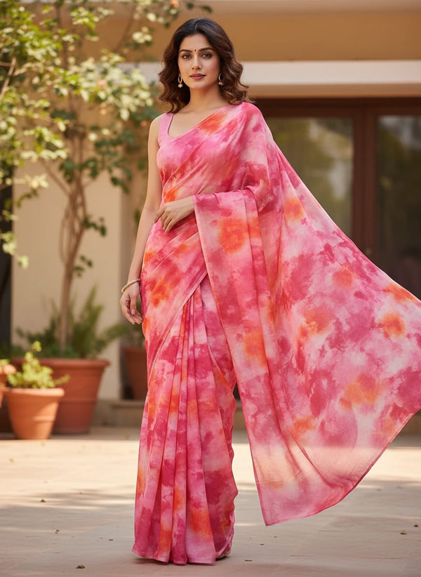 Pink Orange Abstract Tie-Dye Pure Chinon Digital Printed Fabric - Saree Lookbook - PC-0-TA08260P1-106 - alternate view