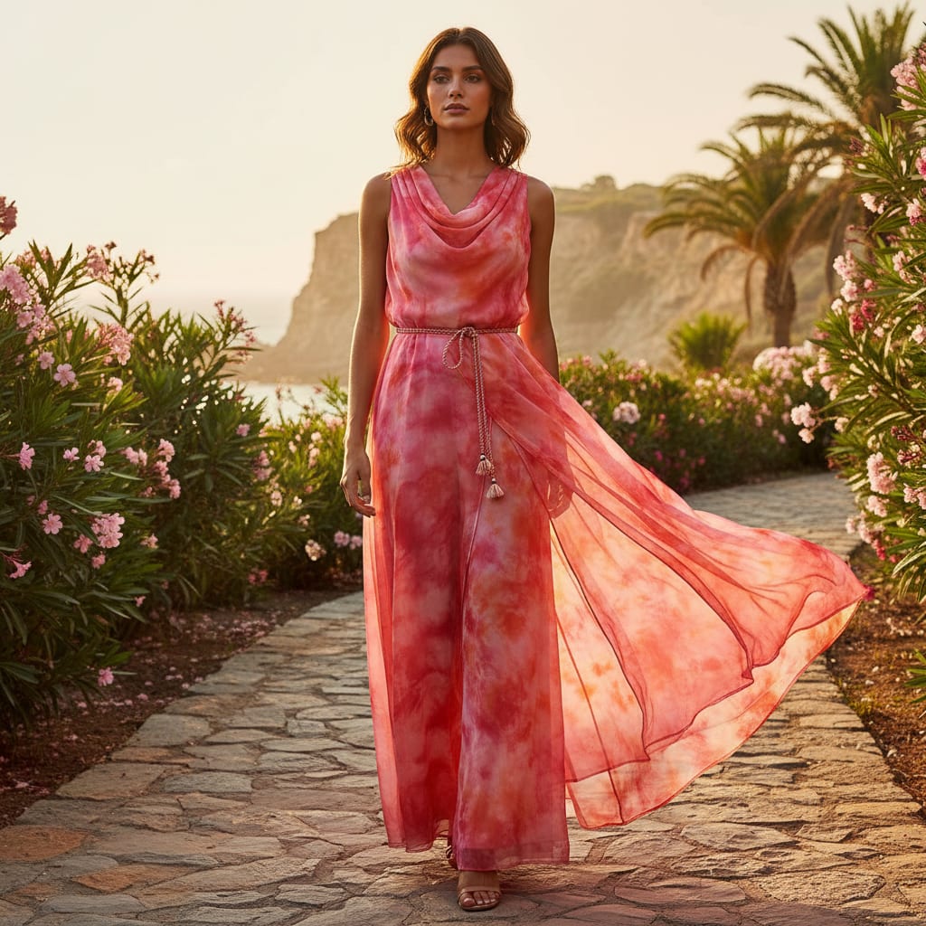 Morden Spotted Pink & Orange Digital Printed Fabric - Pure Chiffon