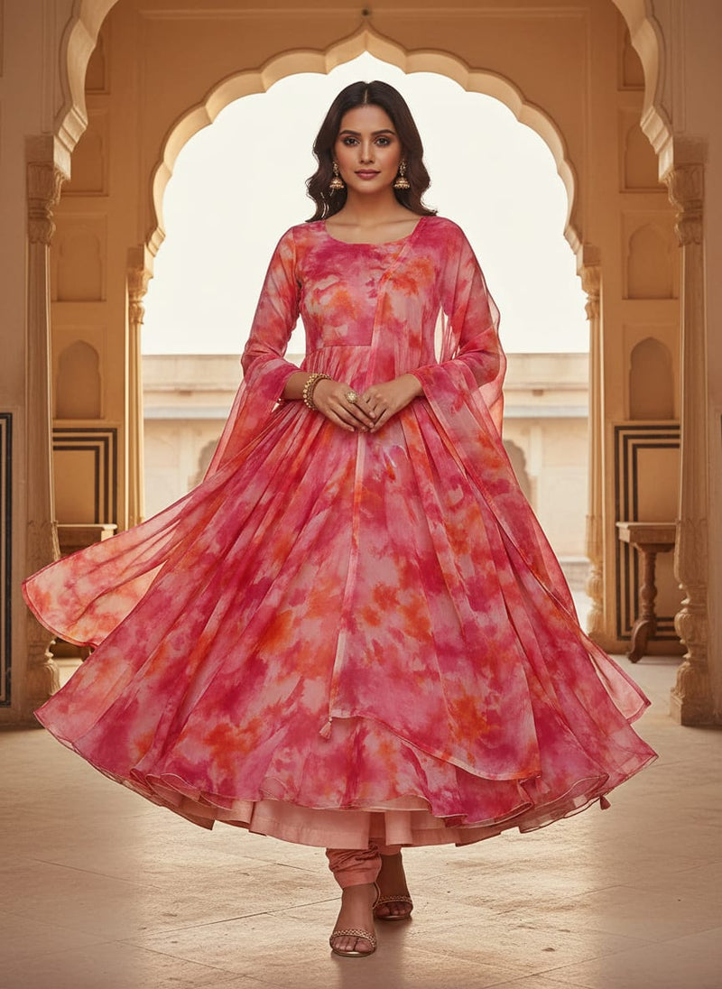 Morden Spotted Pink & Orange Digital Printed Fabric - Pure Chiffon