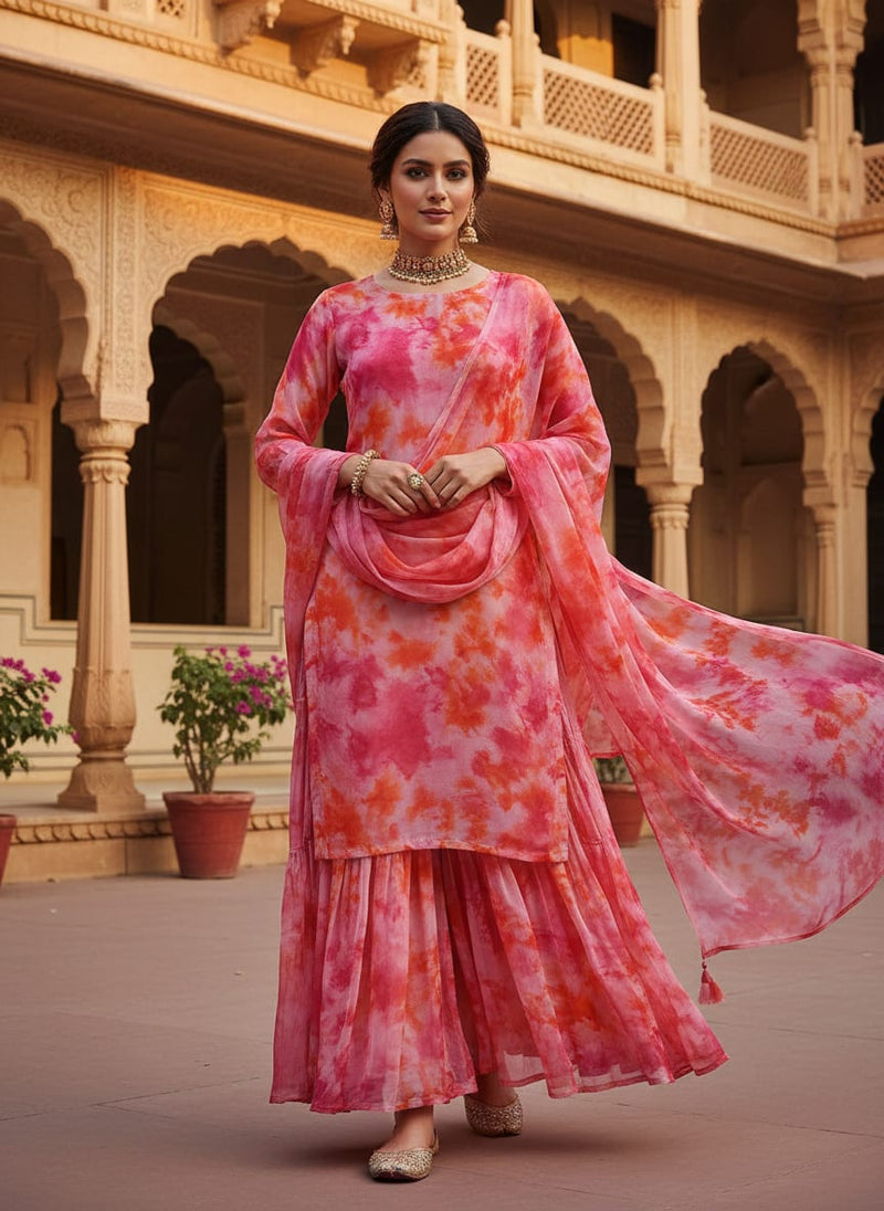 Morden Spotted Pink & Orange Digital Printed Fabric - Pure Chiffon