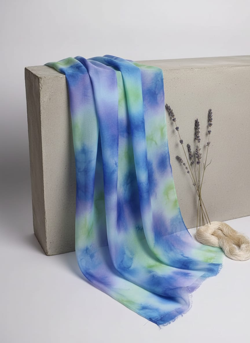 Classic Spotted Blue & Green Digital Printed Fabric - Organza