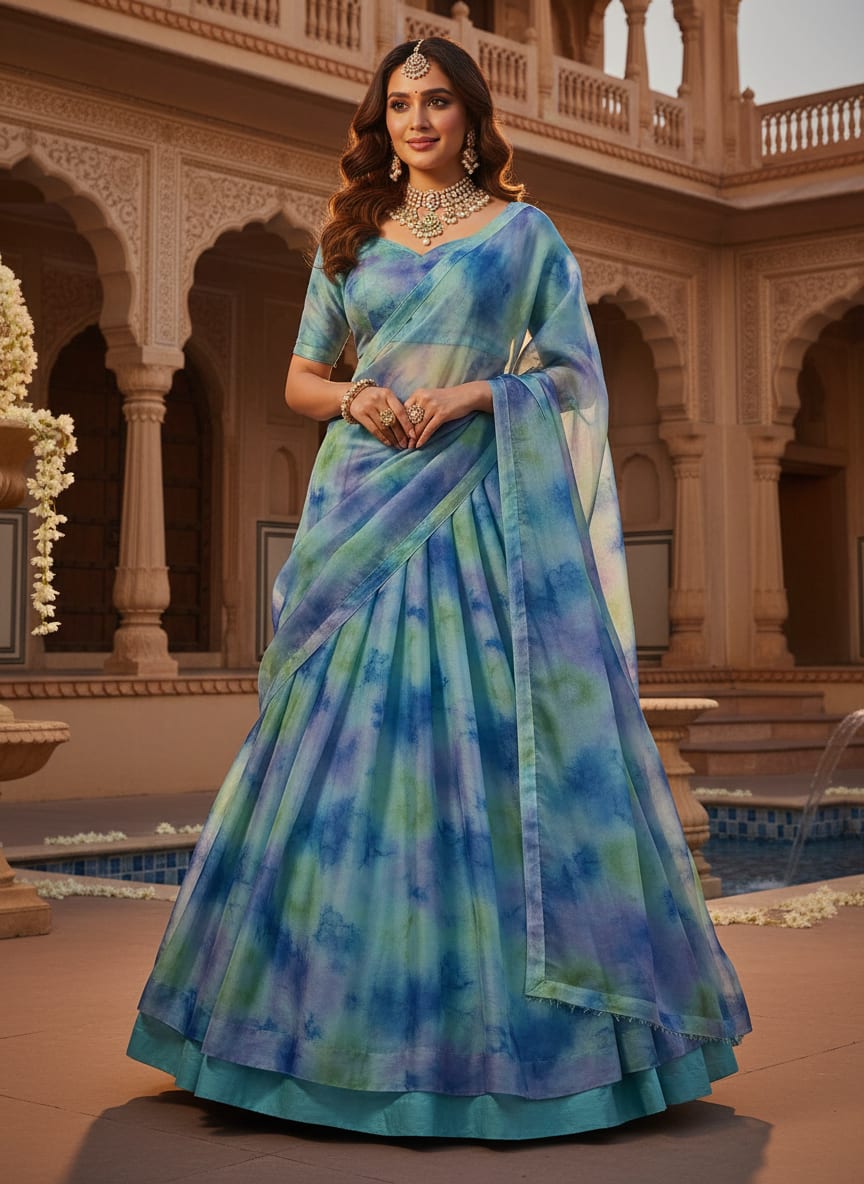 Classic Spotted Blue & Green Digital Printed Fabric - Organza