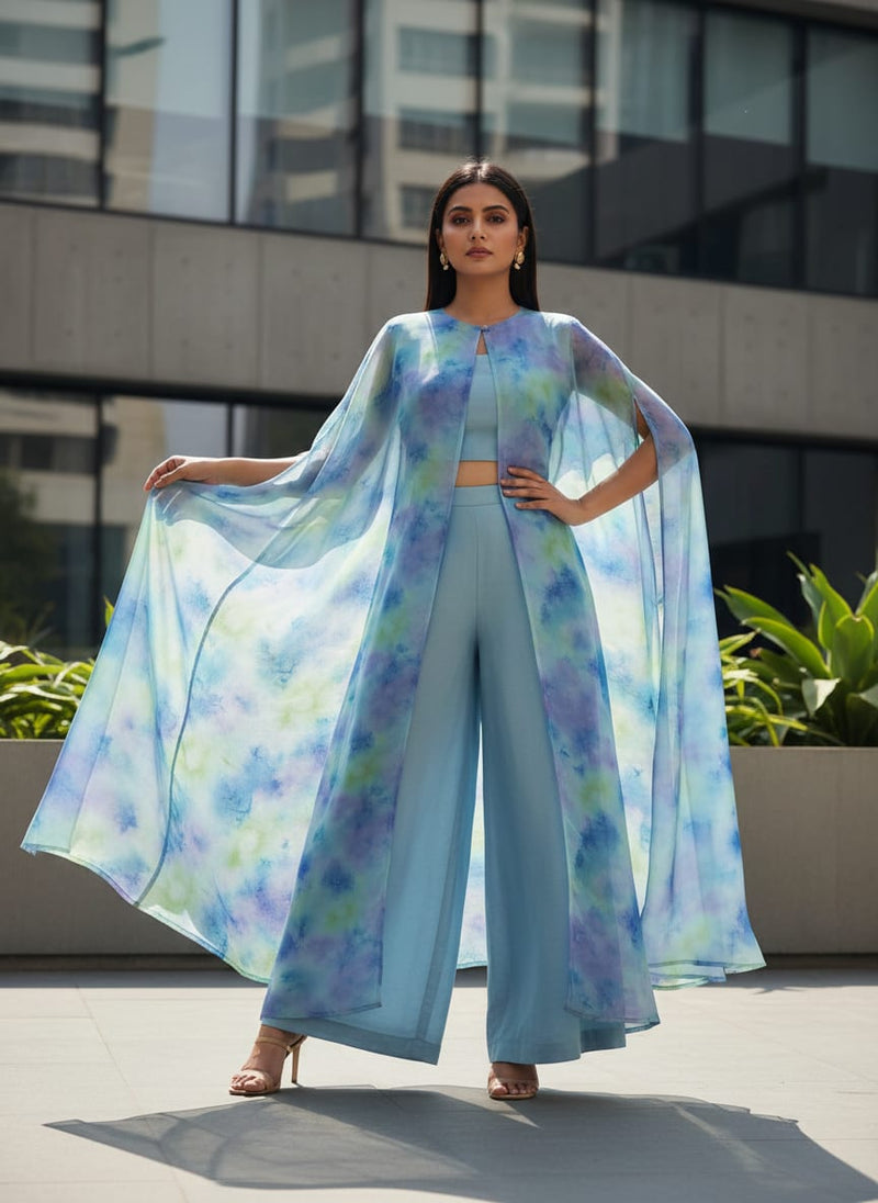 Classic Spotted Blue & Green Digital Printed Fabric - Organza