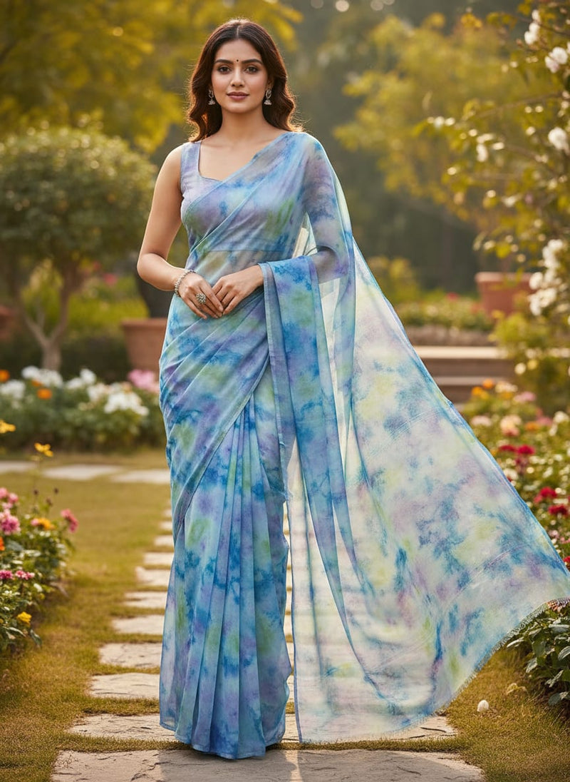 Classic Spotted Blue & Green Digital Printed Fabric - Organza