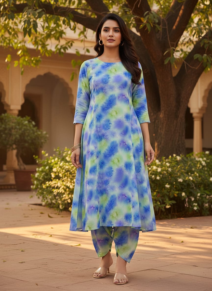 Classic Spotted Blue & Green Digital Printed Fabric - Pure Muslin
