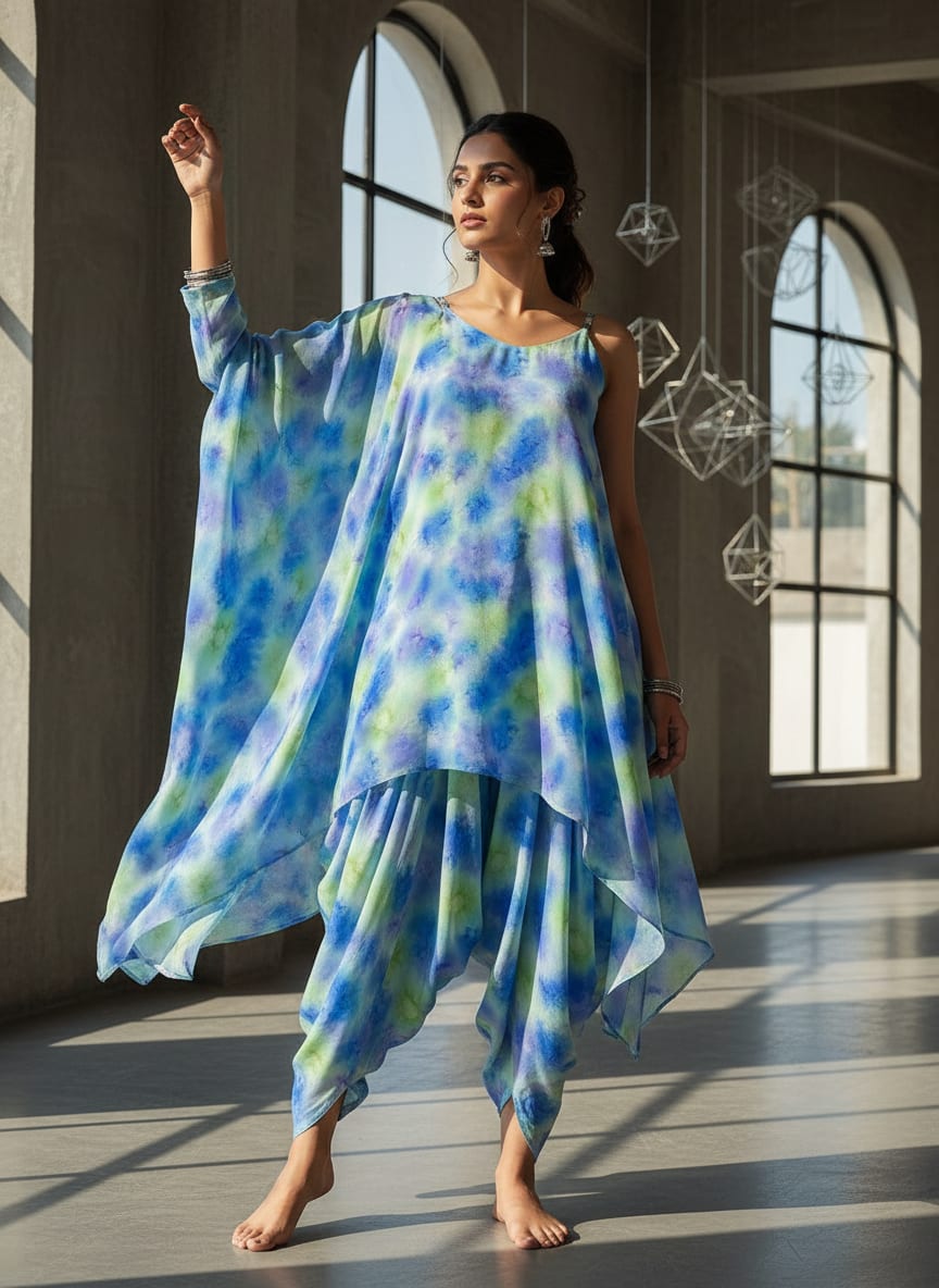 Classic Spotted Blue & Green Digital Printed Fabric - Pure Muslin