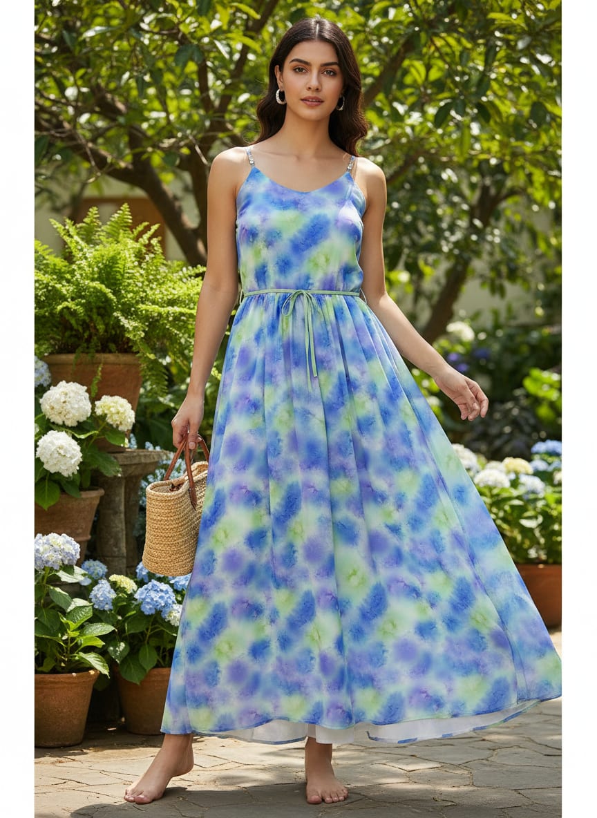 Classic Spotted Blue & Green Digital Printed Fabric - Pure Muslin