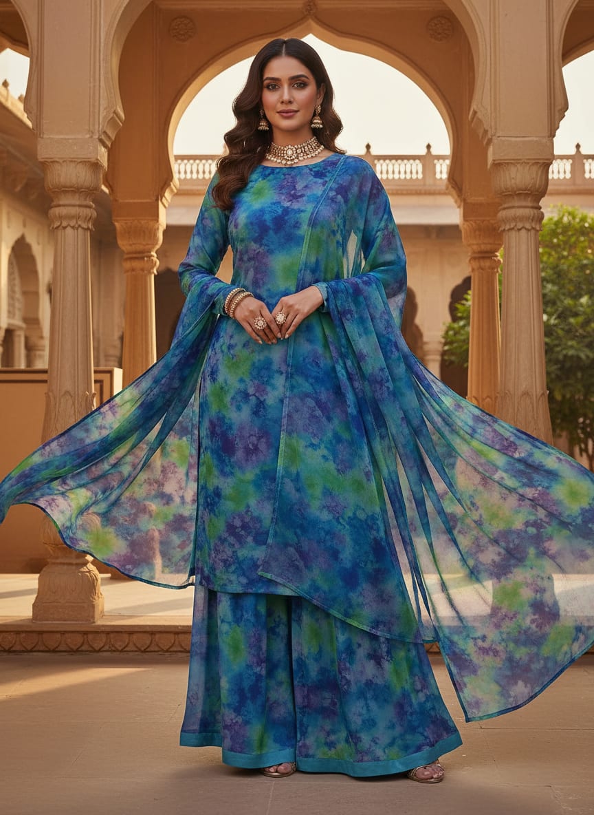 Classic Spotted Blue & Green Digital Printed Fabric - Pure Georgette