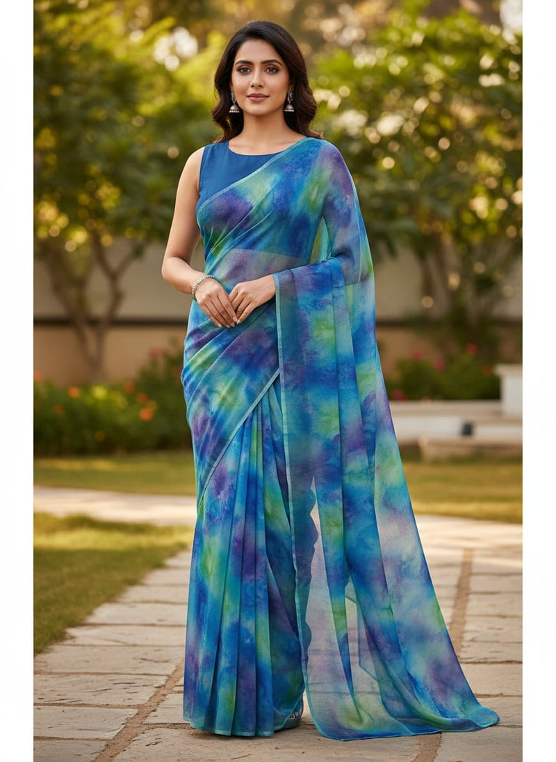 Classic Spotted Blue & Green Digital Printed Fabric - Pure Georgette