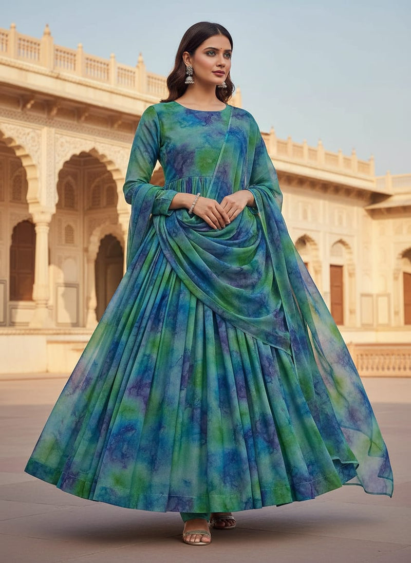 Classic Spotted Blue & Green Digital Printed Fabric - Pure Georgette