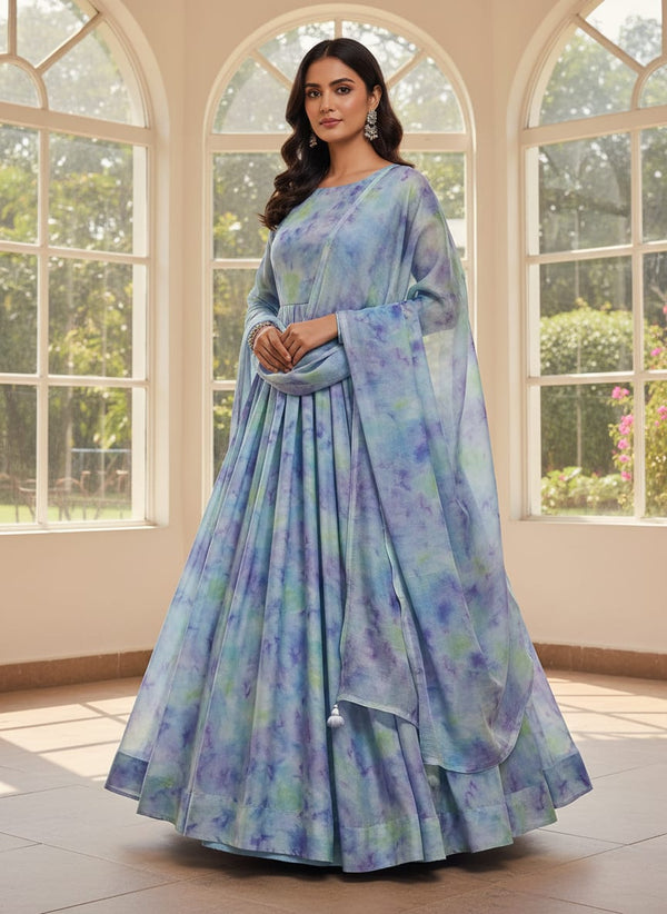 Multicolor Watercolor Tie-Dye Abstract Pure Chinon Digital Printed Fabric - Anarkali Kurta Set Lookbook - PC-0-TA08260P2-106 - alternate view