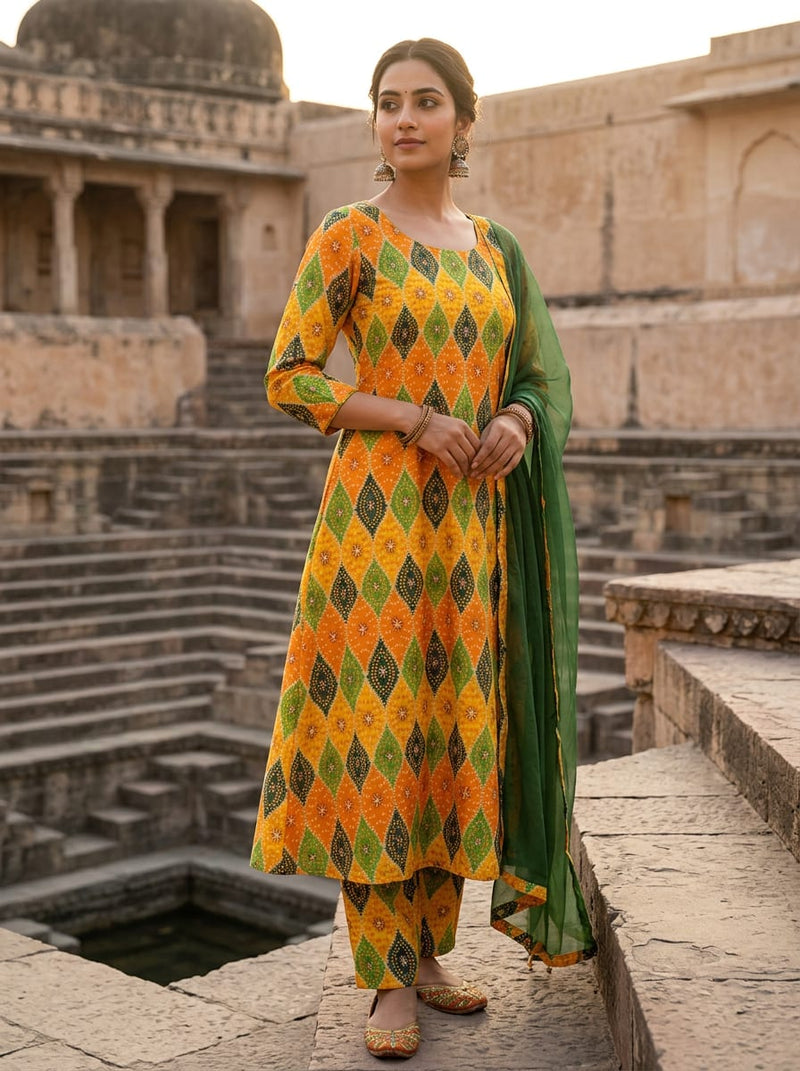 Multicolor Ethnic Geometric Bandhani Print Kora Silk Digital Printed Fabric