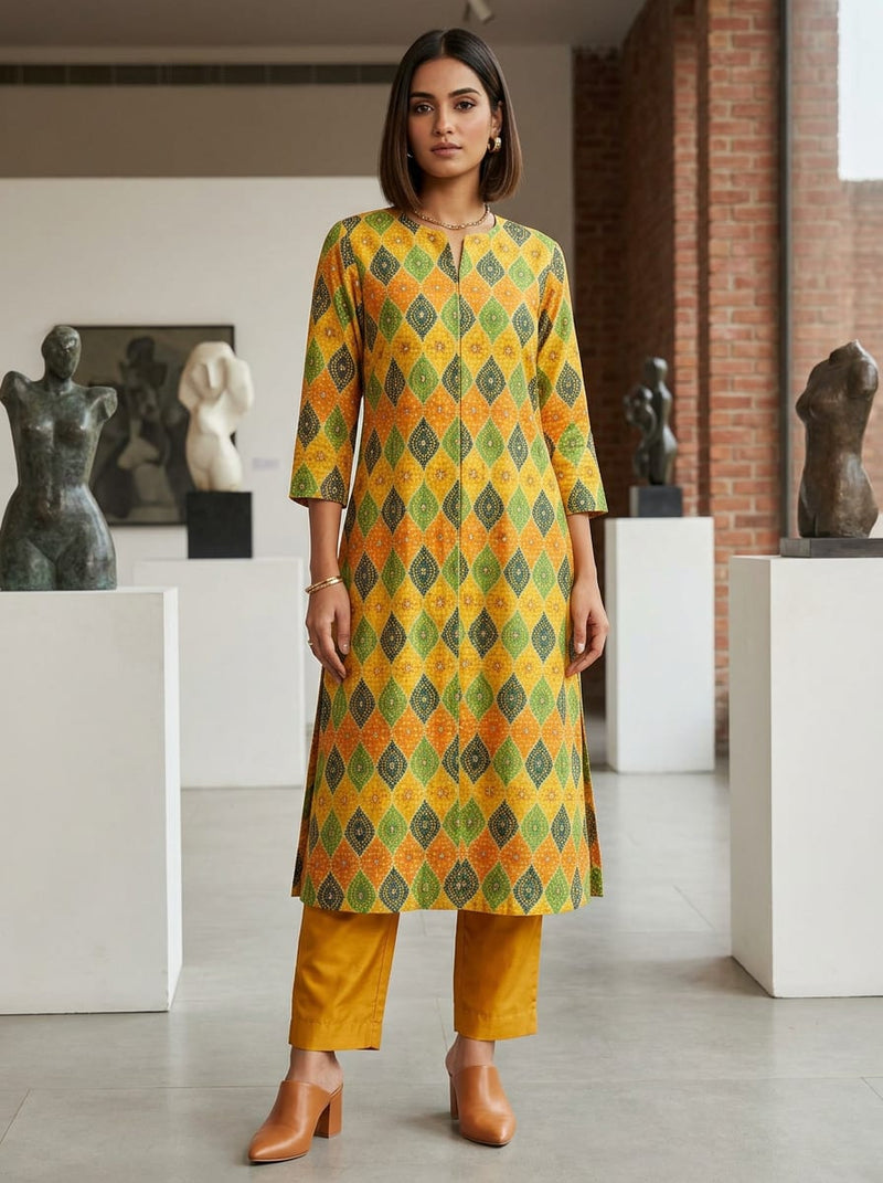 Multicolor Ethnic Geometric Bandhani Print Kora Silk Digital Printed Fabric