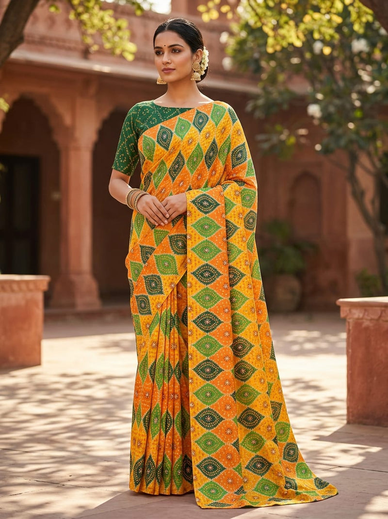 Multicolor Ethnic Geometric Bandhani Print Kora Silk Digital Printed Fabric