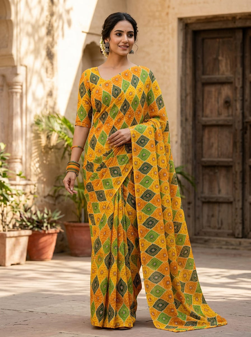 Multicolor Geometric Bandhani Print Weightless Digital Printed Fabric