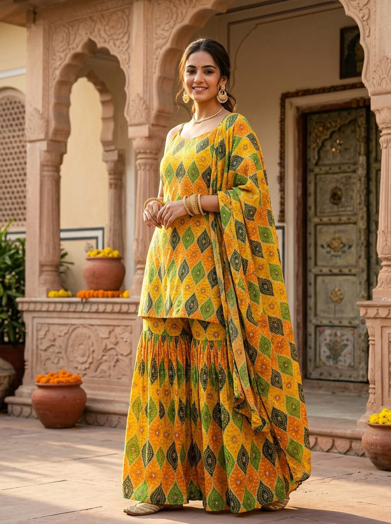 Multicolor Geometric Bandhani Print Weightless Digital Printed Fabric
